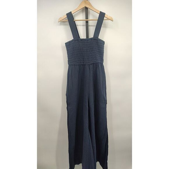 Quince Pants - Quince Womens 100% Organic Cotton Gauze Smocked Wide Leg Jumpsuit Indigo Blue  S